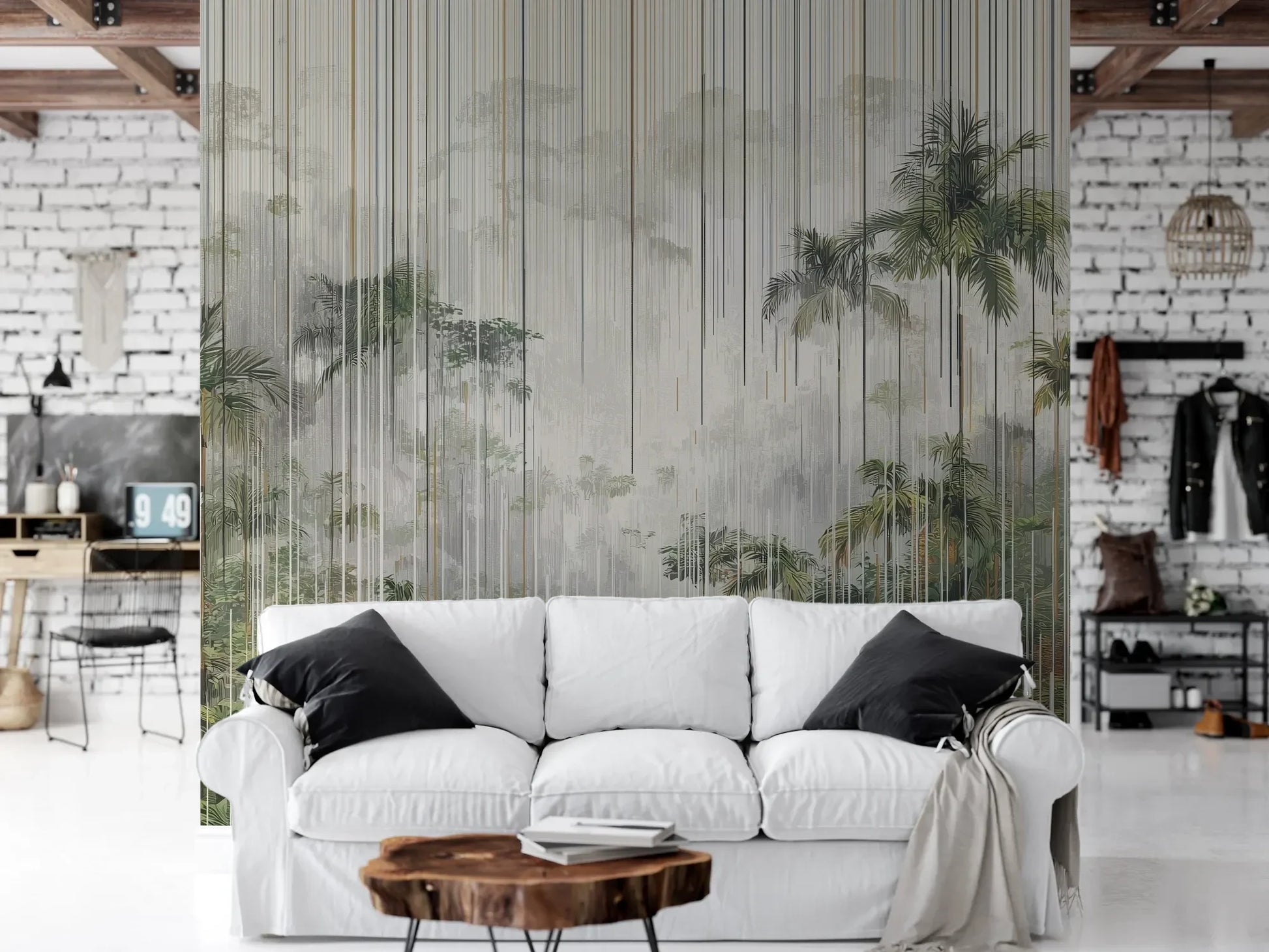 Wzór fototapety RAINFOREST LINES - tapeta z tropikalną mgłą i pionowymi liniami pokazanej w aranżacji salonu.