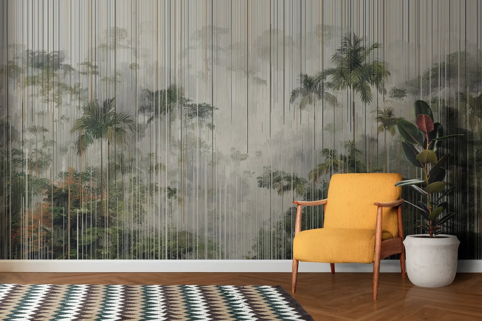 Wzór fototapety RAINFOREST LINES - tapeta z tropikalną mgłą i pionowymi liniami pokazanej w aranżacji salonu.