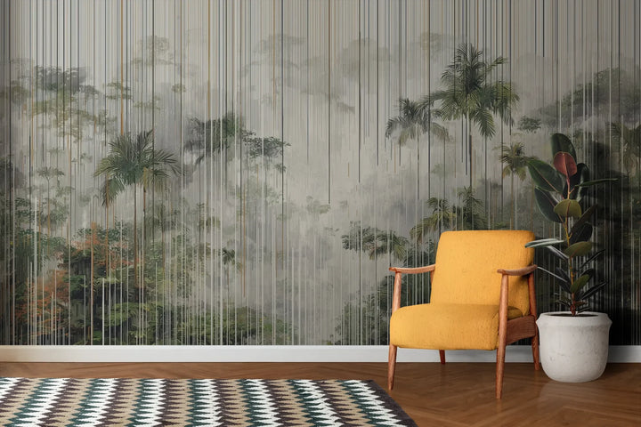 Wzór fototapety RAINFOREST LINES - tapeta z tropikalną mgłą i pionowymi liniami pokazanej w aranżacji salonu.