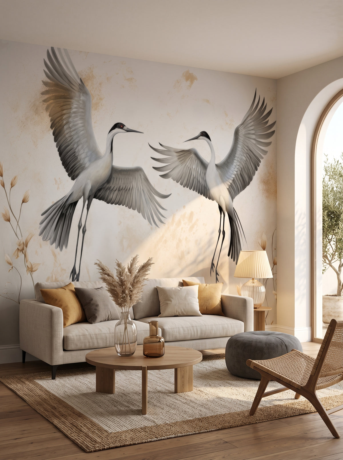 Fototapeta artystyczna o nazwie Elegant Ascension w aranżacji wnętrza: salon w stylu wyrafinowanego boho z wyjściem na taras.