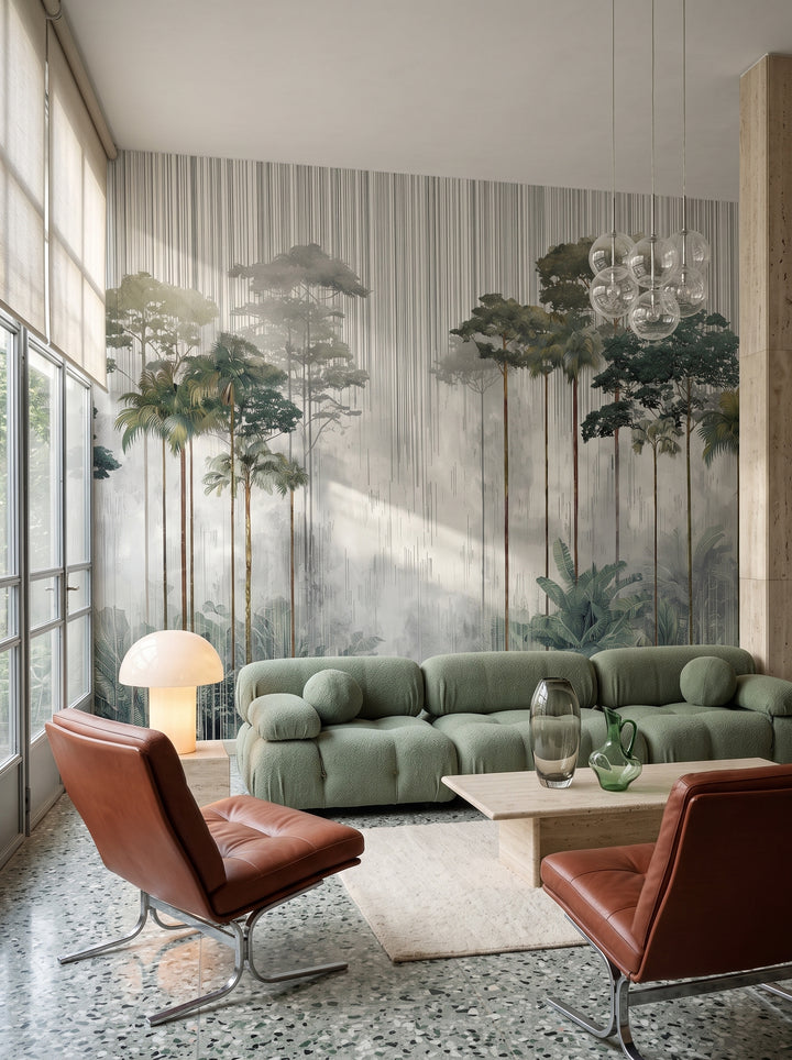 Fototapeta artystyczna o nazwie RAINFOREST SYMPHONY w aranżacji wnętrza: salon w mediolańskim apartamencie z lat 70..