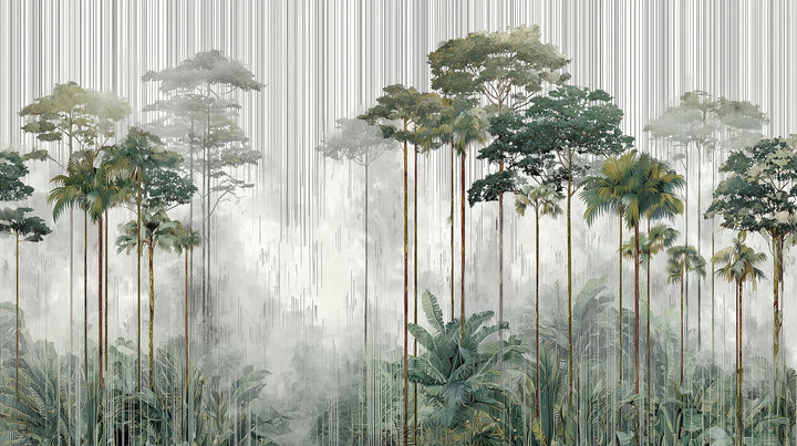 Prezentacja całego wzoru fototapety o nazwie RAINFOREST SYMPHONY - tapeta z leśnymi gigantami we mgle
