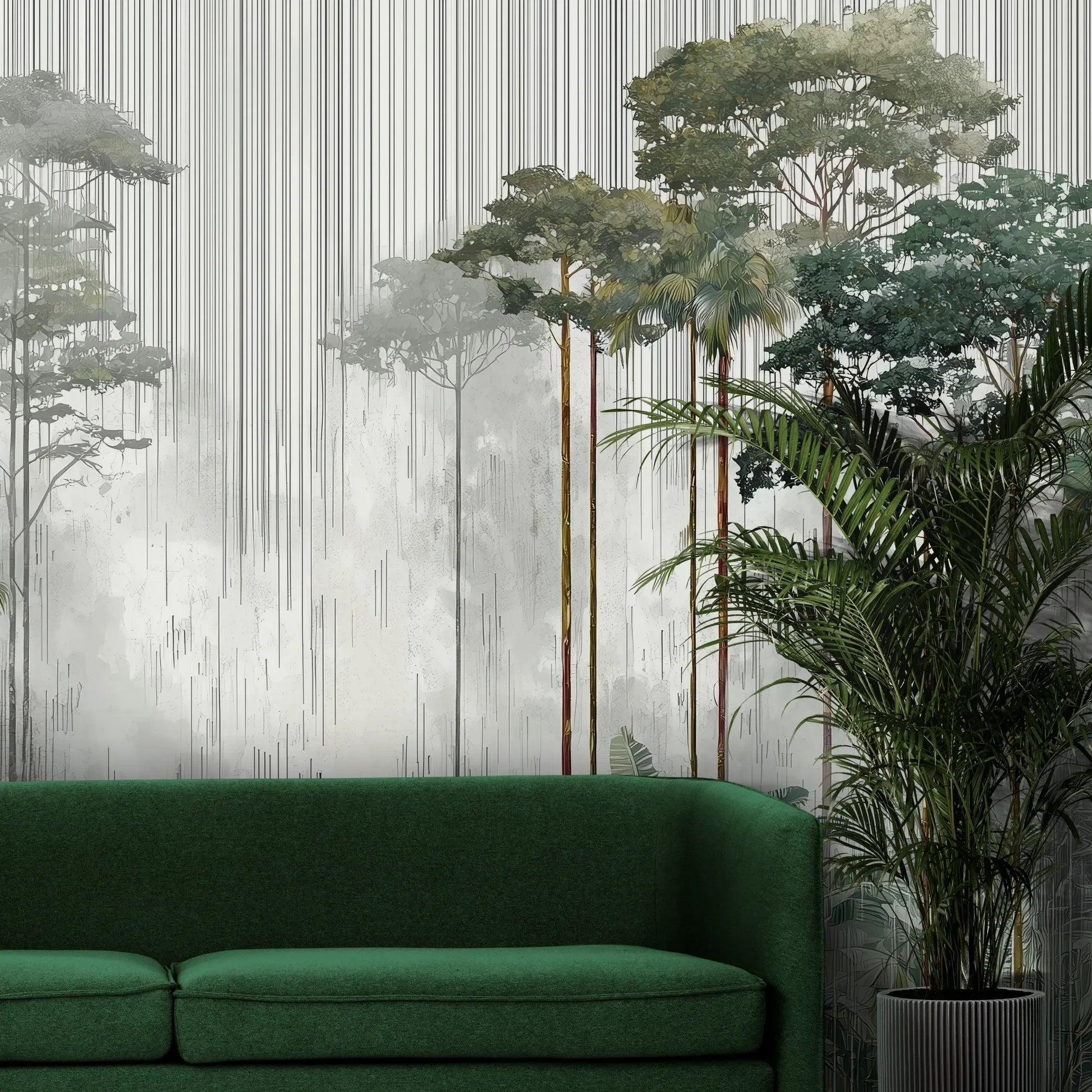 Fototapeta RAINFOREST SYMPHONY - tapeta z leśnymi gigantami we mgle pokazana w aranżacji wnętrza z akcentem na ścianie.