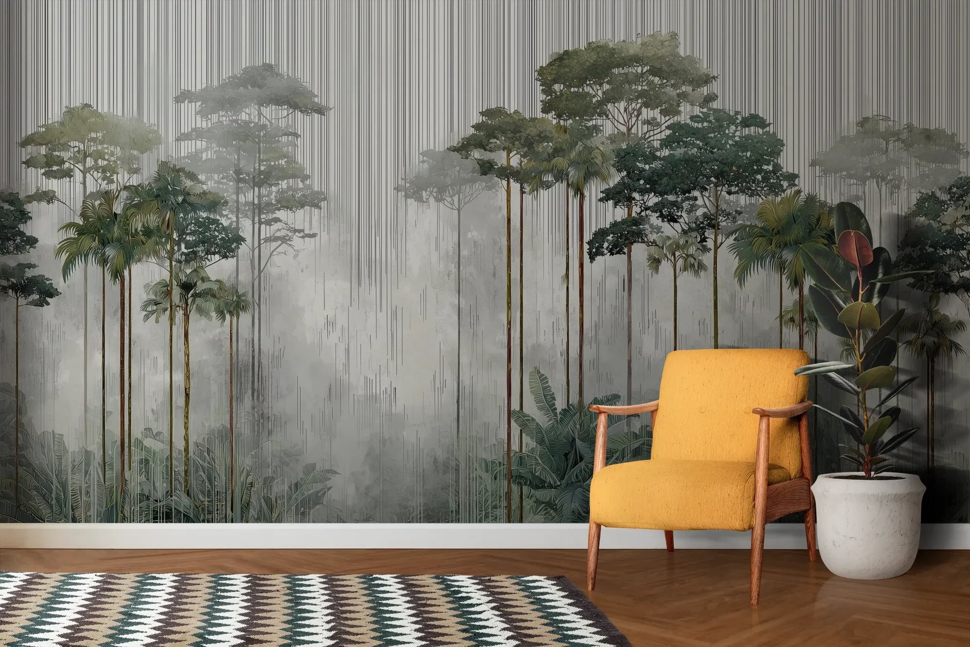 Wzór fototapety RAINFOREST SYMPHONY - tapeta z leśnymi gigantami we mgle pokazanej w aranżacji salonu.