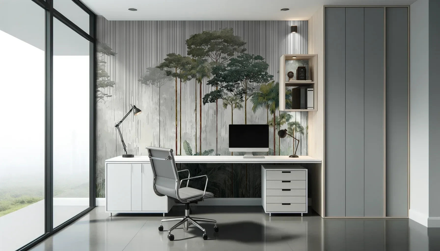 Fototapeta RAINFOREST SYMPHONY - tapeta z leśnymi gigantami we mgle pokazana w aranżacji biura.