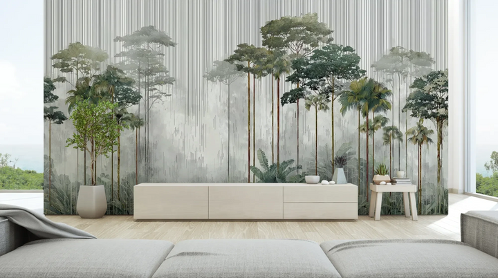 Wzór fototapety RAINFOREST SYMPHONY - tapeta z leśnymi gigantami we mgle pokazanej w aranżacji salonu.