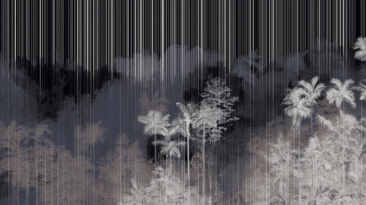 Prezentacja całego wzoru fototapety o nazwie NOCTURNAL LINES - tapeta z graficznym motywem tropikalnej dżungli w nocy
