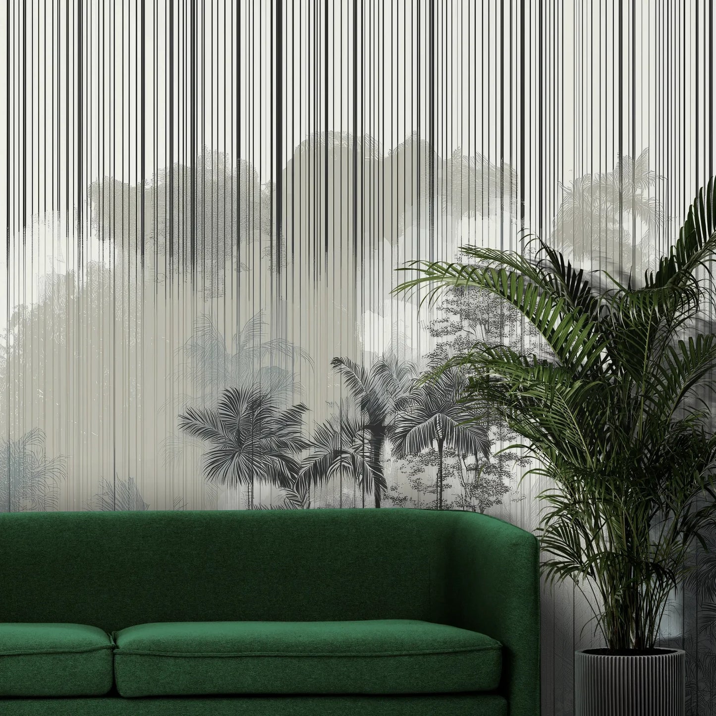 Fototapeta SILVER RAIN - tapeta z tropikalnym lasem w deszczu pokazana w aranżacji wnętrza z akcentem na ścianie.