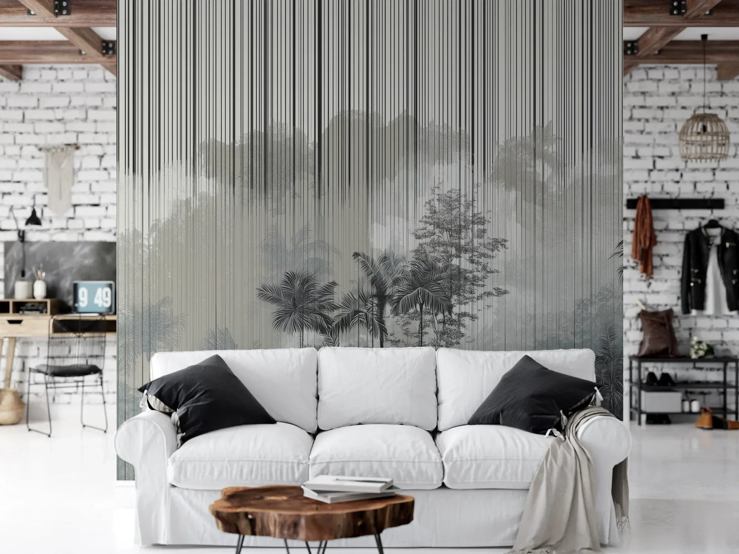 Wzór fototapety SILVER RAIN - tapeta z tropikalnym lasem w deszczu pokazanej w aranżacji salonu.
