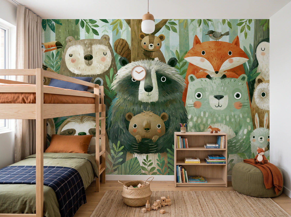 WOODLAND HUDDLE - tapeta z leśnymi zwierzętami dla dzieci — CHILDREN'S ROOM WITH BUNK BED