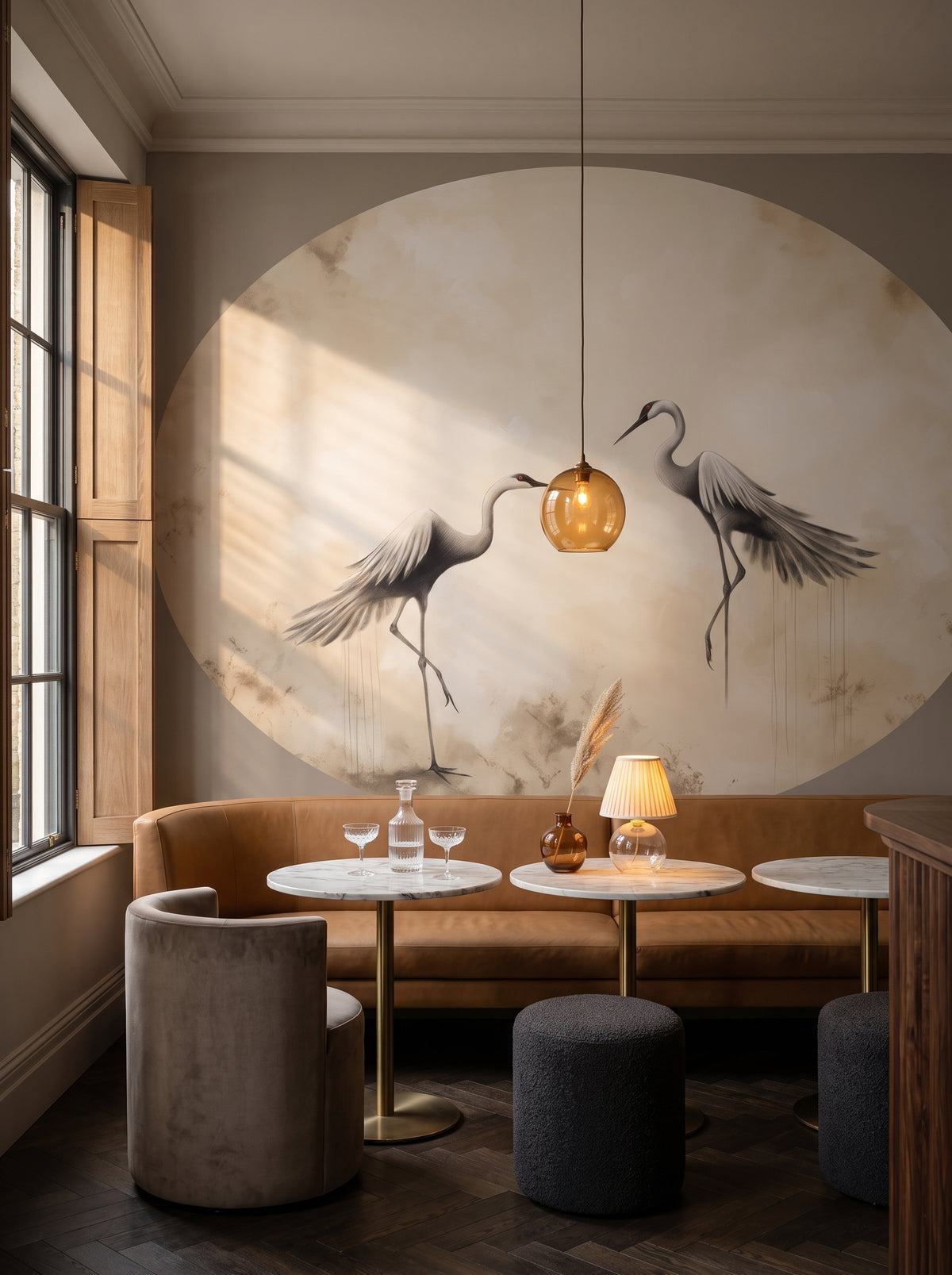 Fototapeta artystyczna o nazwie Lunar Dance w aranżacji wnętrza: bar-lounge w butikowym hotelu.