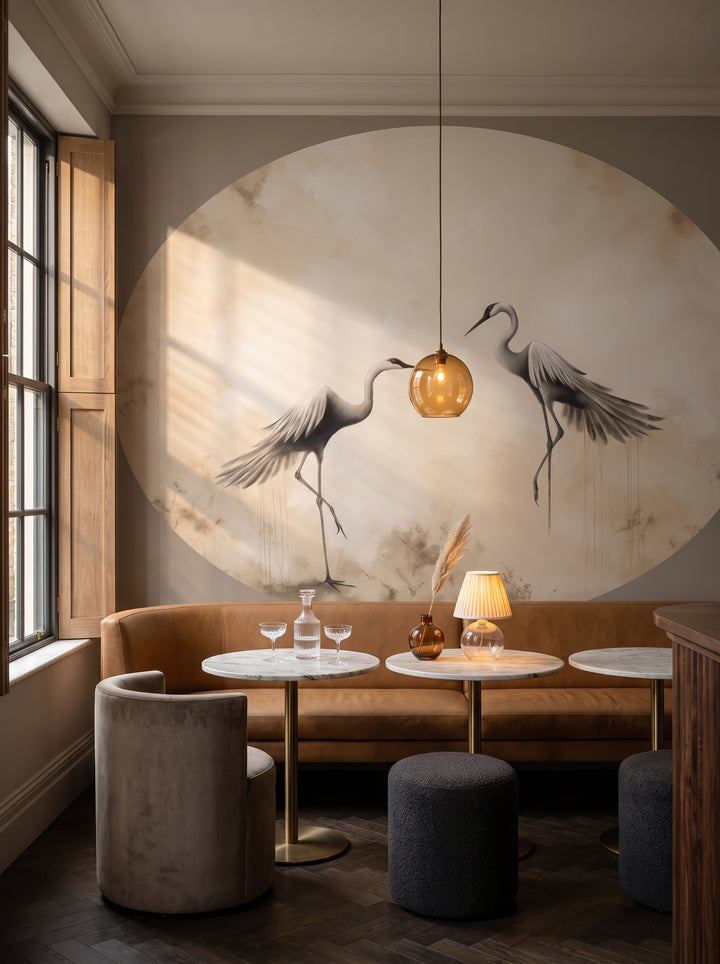 Fototapeta artystyczna o nazwie Lunar Dance w aranżacji wnętrza: bar-lounge w butikowym hotelu.