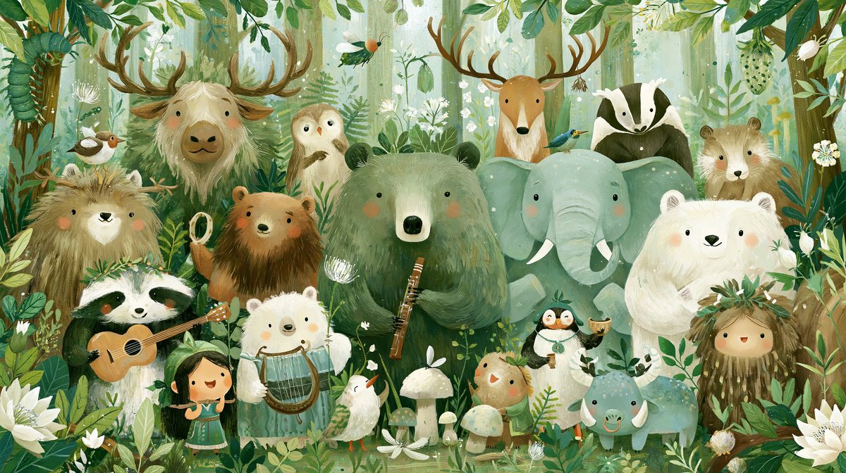 WOODLAND ORCHESTRA - leśny koncert zwierząt w akwareli — Pełny wzór