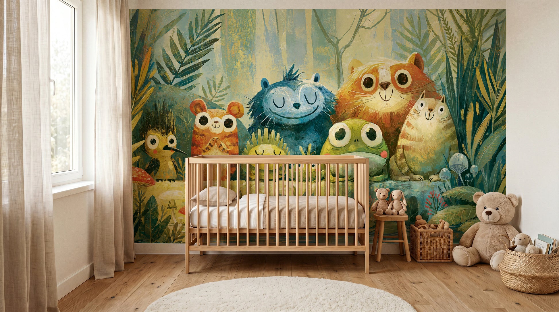 POND PARADE - tapeta z leśnymi zwierzętami nad stawem — KIDS room - baby cot