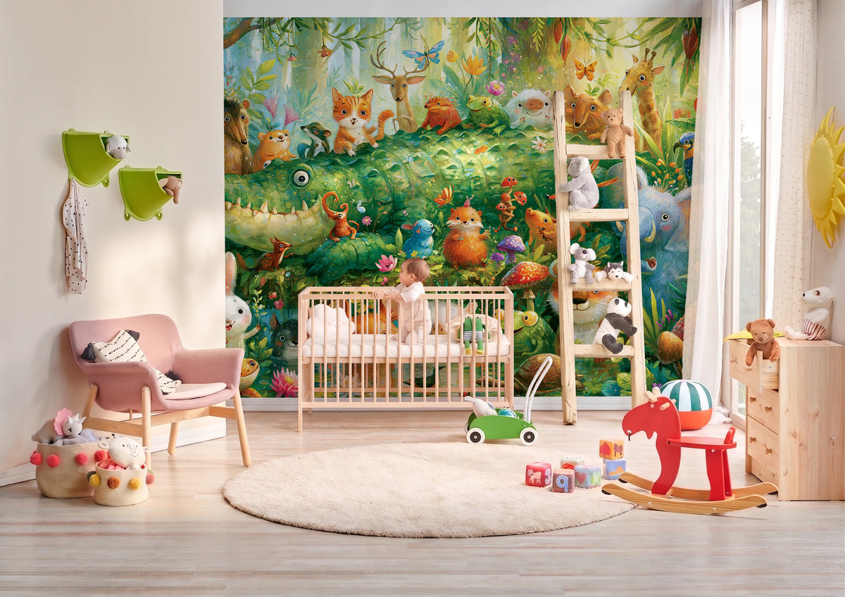 GREEN LAGOON PARADE - malarska tapeta z leśnymi zwierzętami — BABY'S ROOM WITH A COT AND A BABY