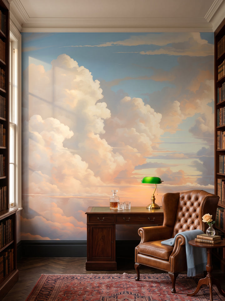 Fototapeta artystyczna o nazwie Skies Ablaze w aranżacji wnętrza: prywatna biblioteka w stylu angielskiego klubu.