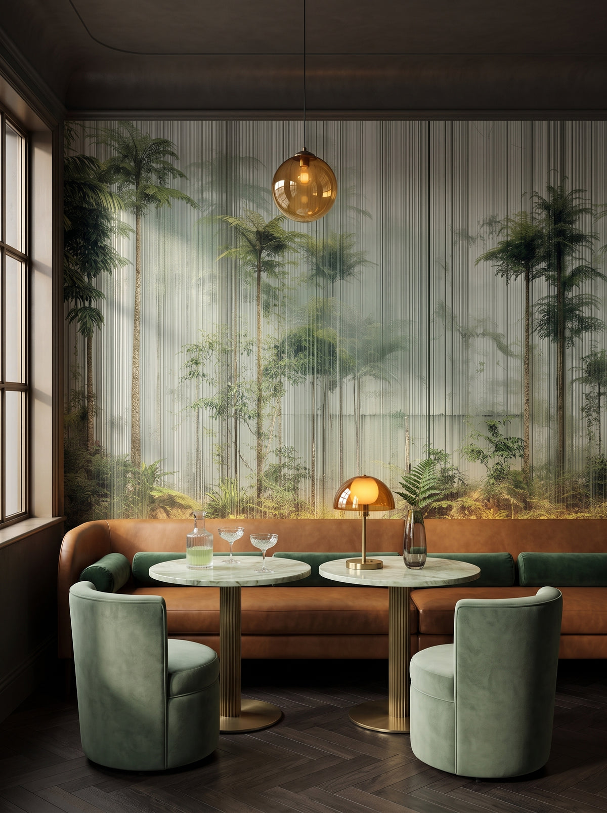 Fototapeta artystyczna o nazwie VERTICAL RAINFOREST w aranżacji wnętrza: bar lounge w butikowym hotelu.