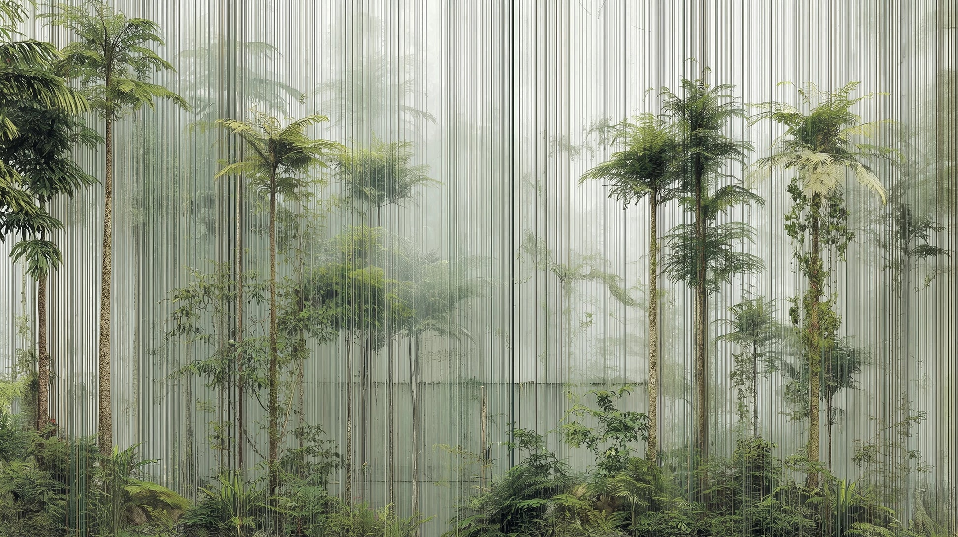 Prezentacja całego wzoru fototapety o nazwie VERTICAL RAINFOREST - tapeta z tropikalnym lasem w pionowych liniach