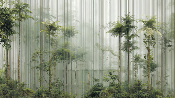 Prezentacja całego wzoru fototapety o nazwie VERTICAL RAINFOREST - tapeta z tropikalnym lasem w pionowych liniach