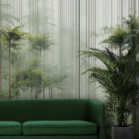 Fototapeta VERTICAL RAINFOREST - tapeta z tropikalnym lasem w pionowych liniach pokazana w aranżacji wnętrza z akcentem na ścianie.