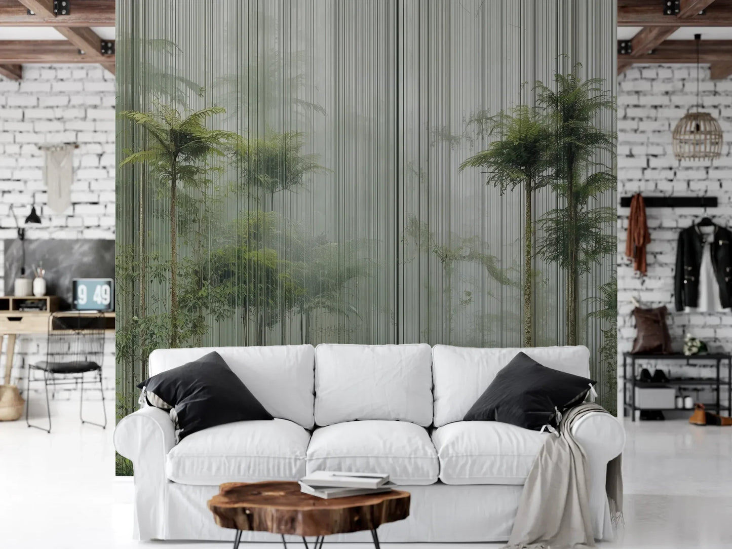 Wzór fototapety VERTICAL RAINFOREST - tapeta z tropikalnym lasem w pionowych liniach pokazanej w aranżacji salonu.