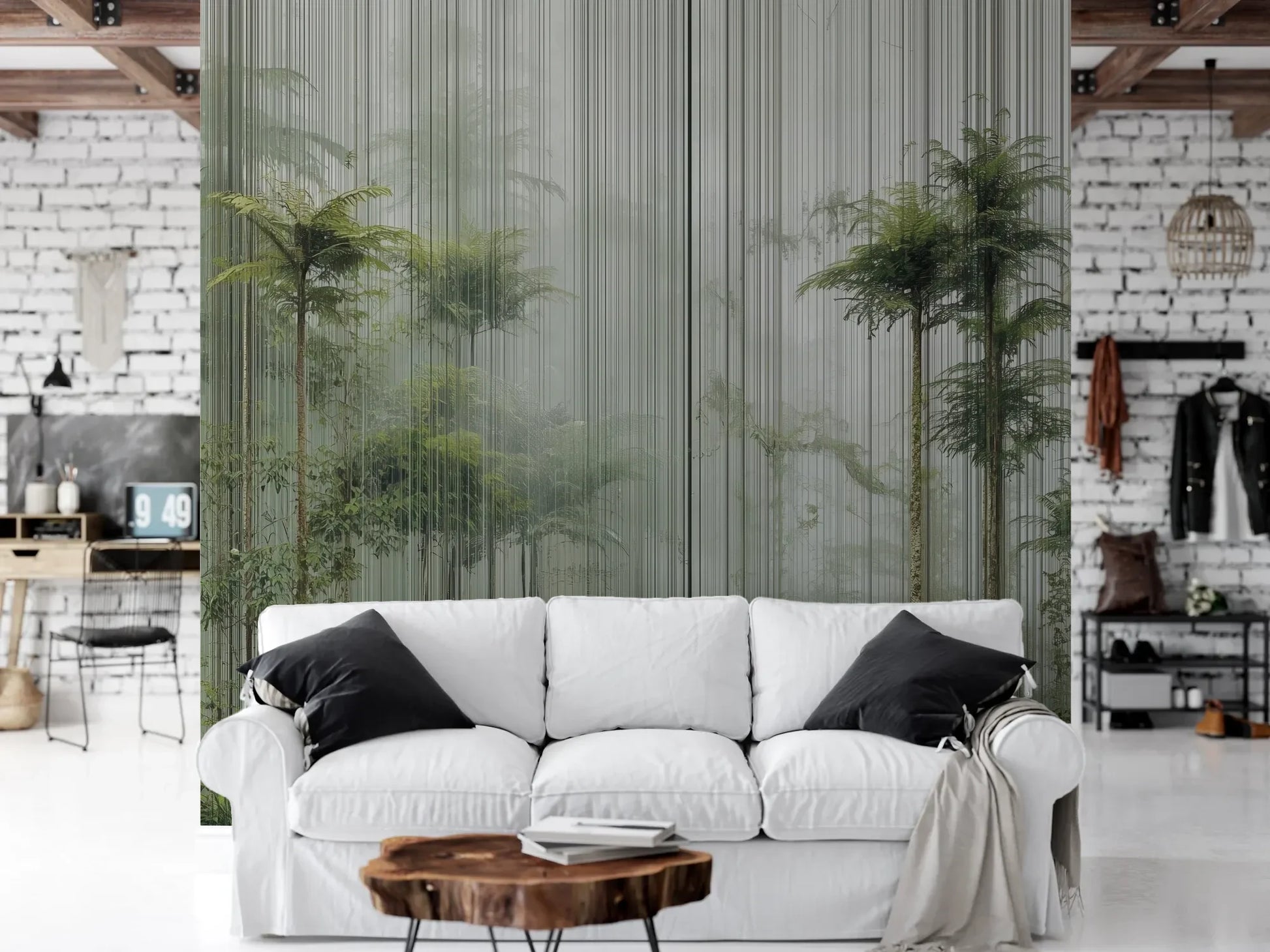 Wzór fototapety VERTICAL RAINFOREST - tapeta z tropikalnym lasem w pionowych liniach pokazanej w aranżacji salonu.