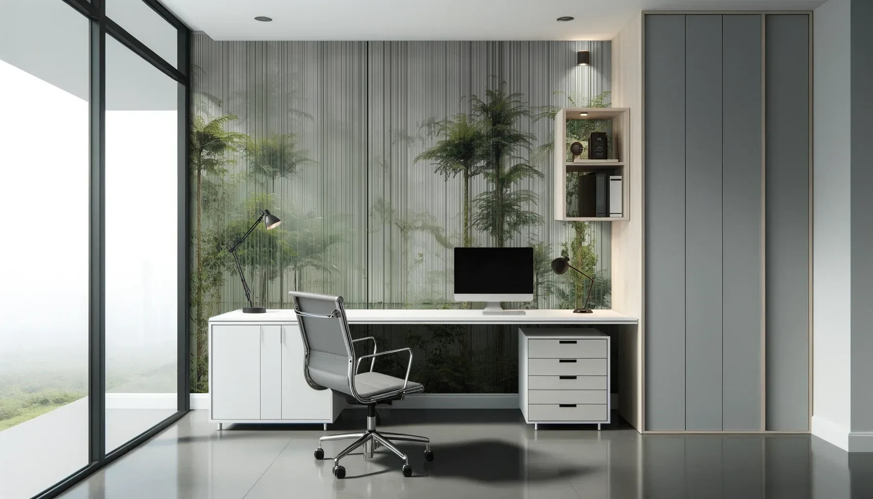 Fototapeta VERTICAL RAINFOREST - tapeta z tropikalnym lasem w pionowych liniach pokazana w aranżacji biura.