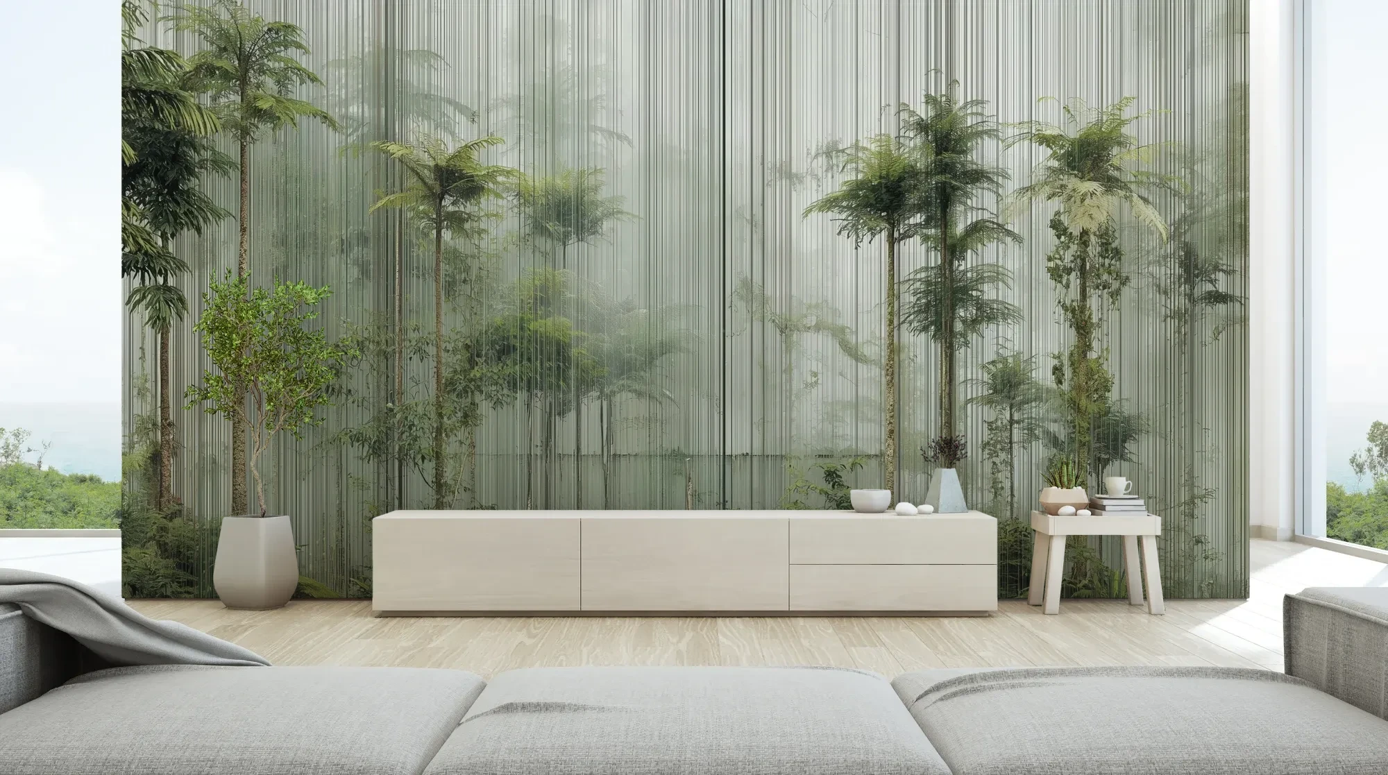 Wzór fototapety VERTICAL RAINFOREST - tapeta z tropikalnym lasem w pionowych liniach pokazanej w aranżacji salonu.