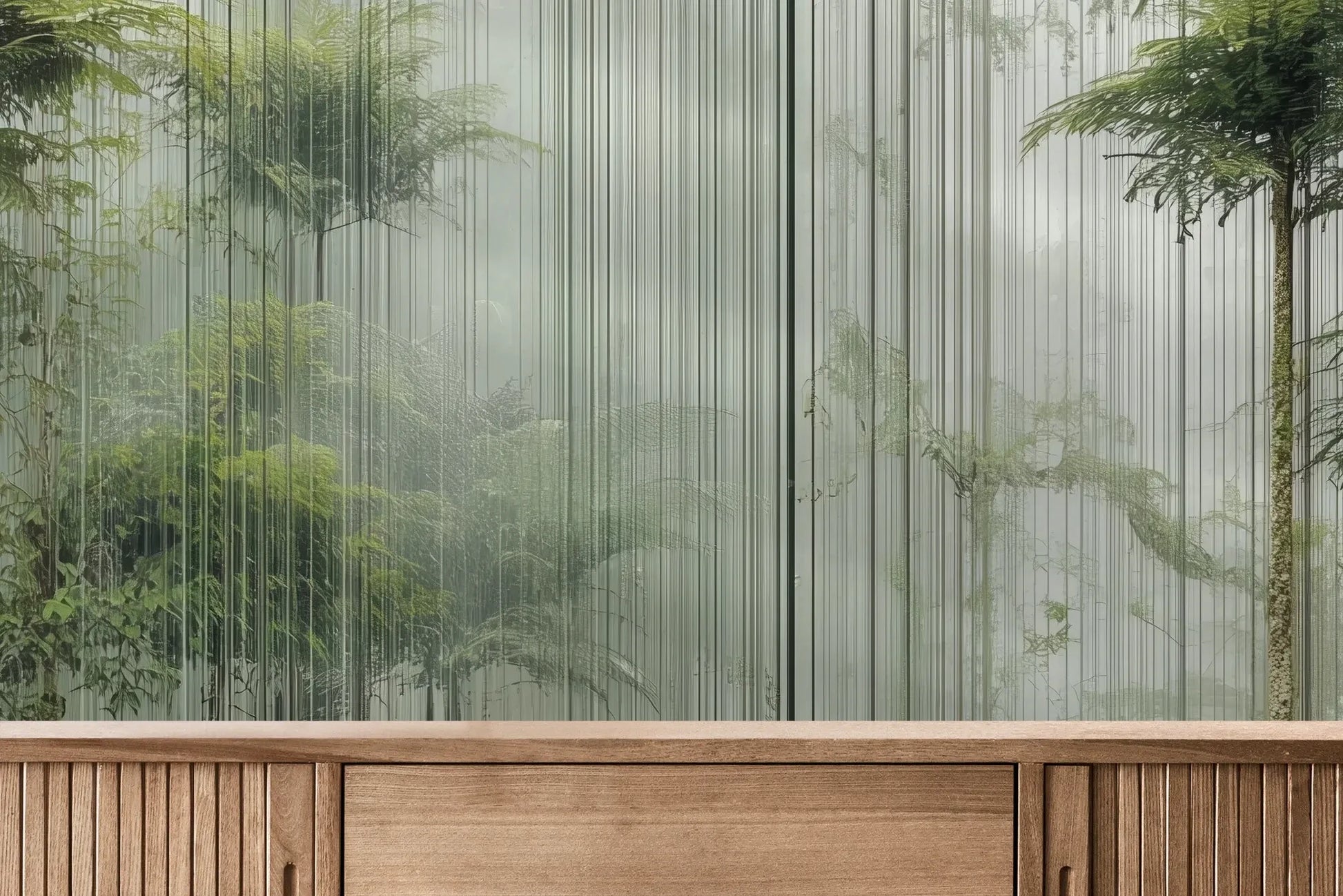 Fototapeta VERTICAL RAINFOREST - tapeta z tropikalnym lasem w pionowych liniach pokazana w aranżacji wnętrza z akcentem na ścianie.