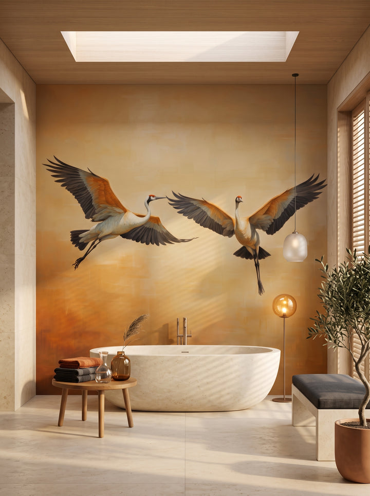 Fototapeta artystyczna o nazwie Golden Duet w aranżacji wnętrza: łazienka spa w luksusowej rezydencji.