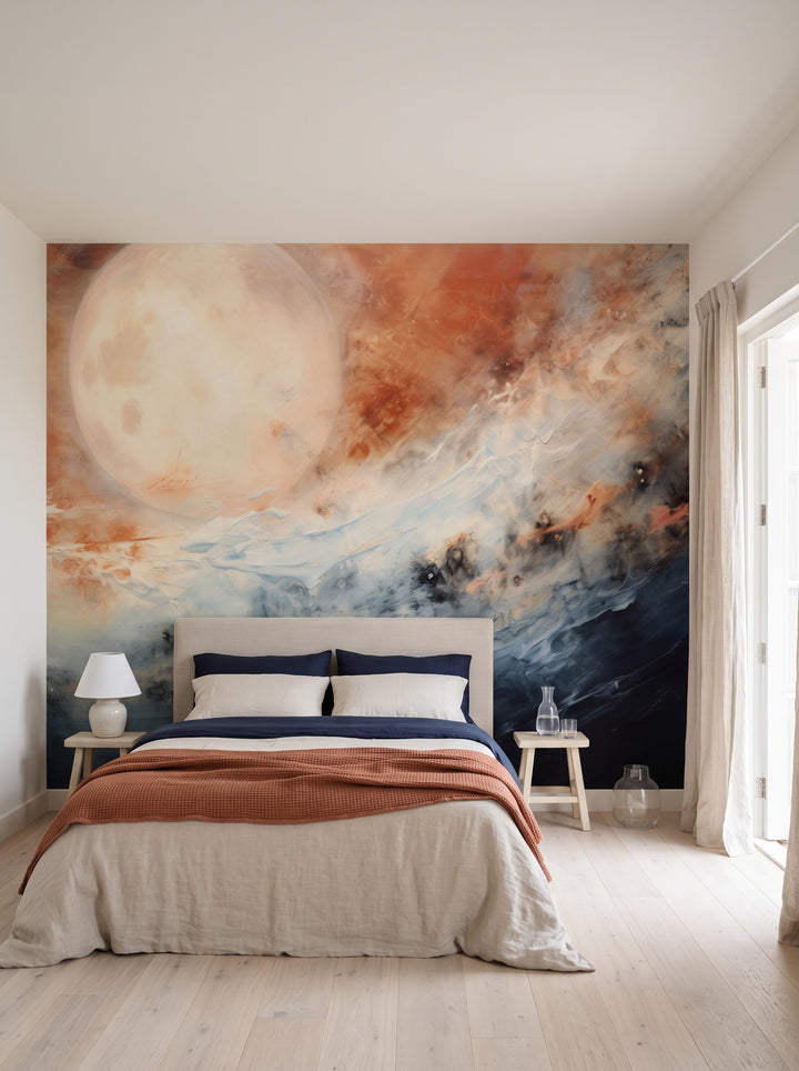 Fototapeta artystyczna o nazwie Moon's Tranquility w aranżacji wnętrza: sypialnia w rezydencji nad morzem.