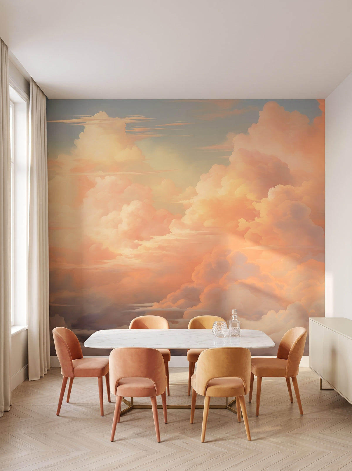 Fototapeta artystyczna o nazwie Sunset Serenity w aranżacji wnętrza: jadalnia w stylu nowoczesnej klasyki.