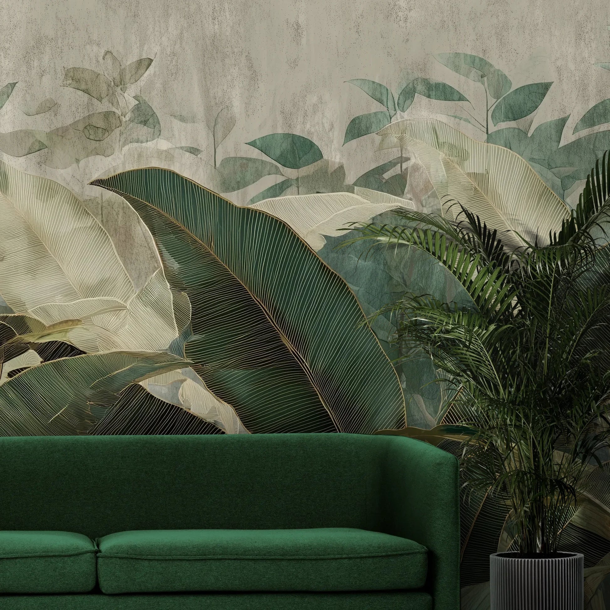 Fototapeta TROPICAL ESSENCE - tapeta z egzotycznymi liśćmi bananowca pokazana w aranżacji wnętrza z akcentem na ścianie.