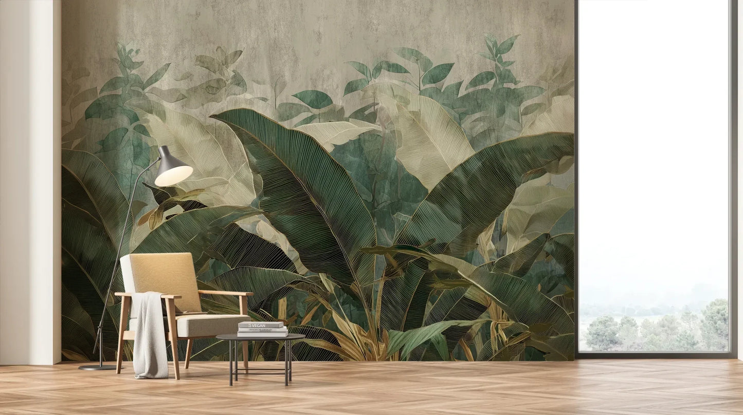 Wzór fototapety TROPICAL ESSENCE - tapeta z egzotycznymi liśćmi bananowca pokazanej w aranżacji salonu.