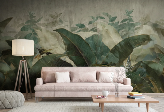 Wzór fototapety TROPICAL ESSENCE - tapeta z egzotycznymi liśćmi bananowca pokazanej w aranżacji salonu.