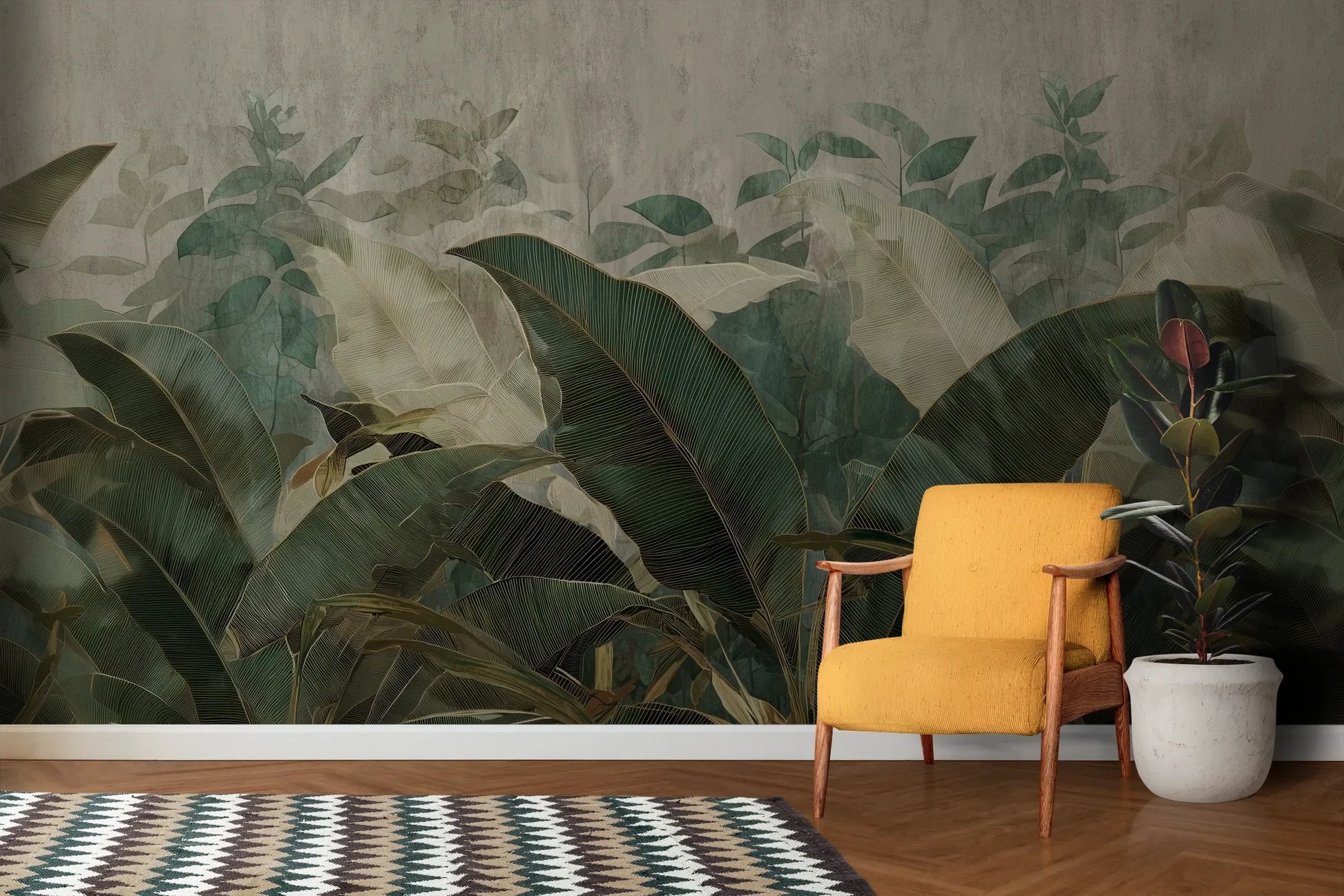 Wzór fototapety TROPICAL ESSENCE - tapeta z egzotycznymi liśćmi bananowca pokazanej w aranżacji salonu.