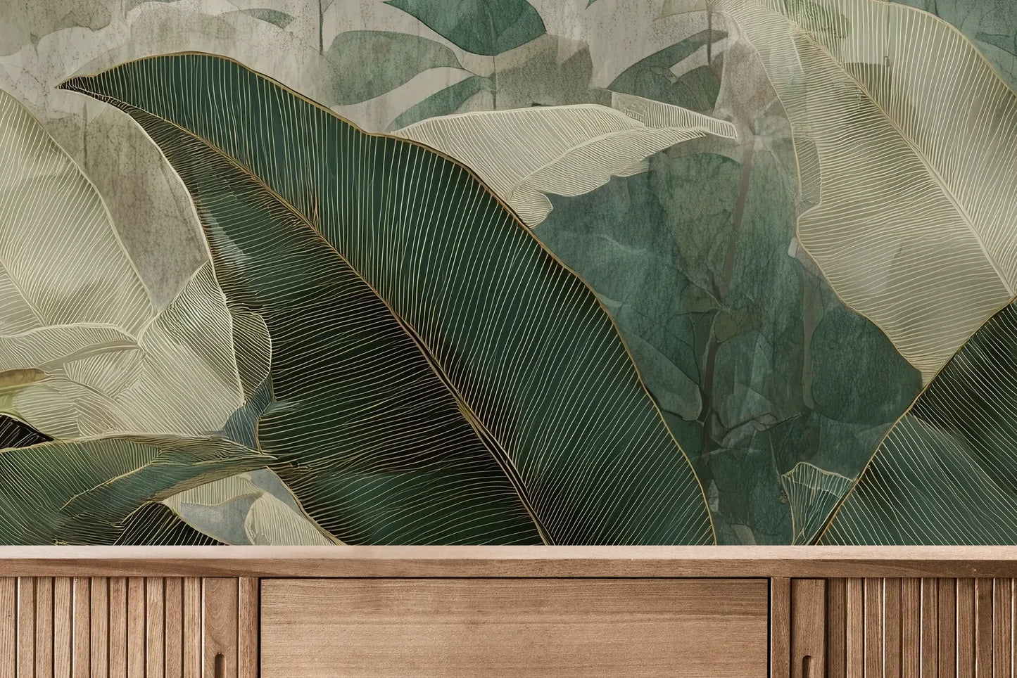 Fototapeta TROPICAL ESSENCE - tapeta z egzotycznymi liśćmi bananowca pokazana w aranżacji wnętrza z akcentem na ścianie.