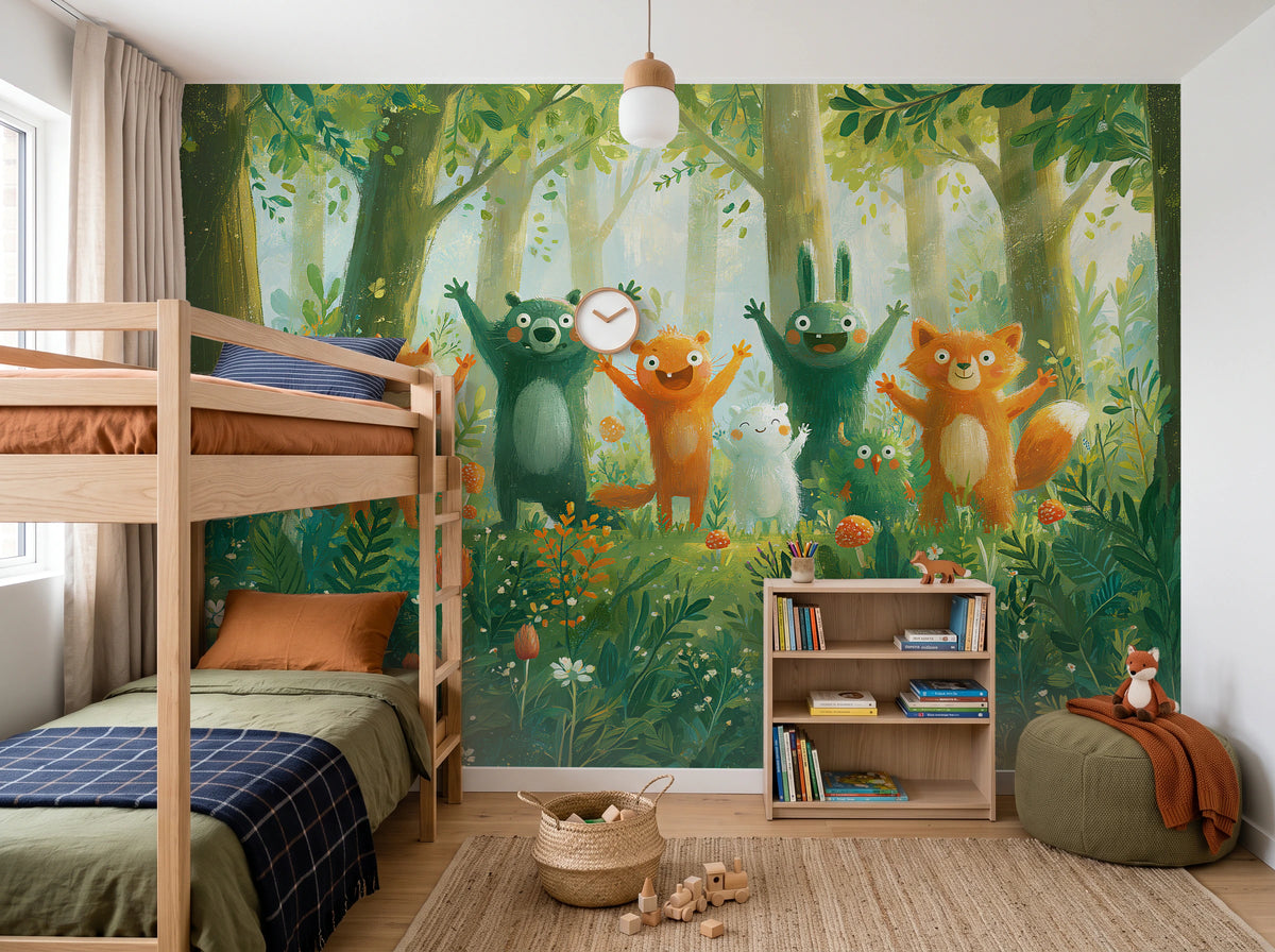 Mustervorschau: HAPPY CLEARING - tapeta z leśnymi zwierzętami na polanie — CHILDREN'S ROOM WITH BUNK BED