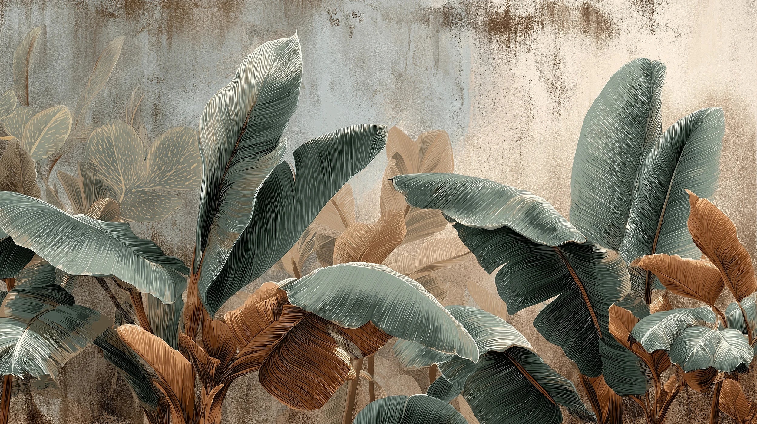 Pattern preview: Prezentacja całego wzoru fototapety o nazwie VINTAGE PALMS - tapeta z tropikalnymi liśćmi w sepii i zieleni