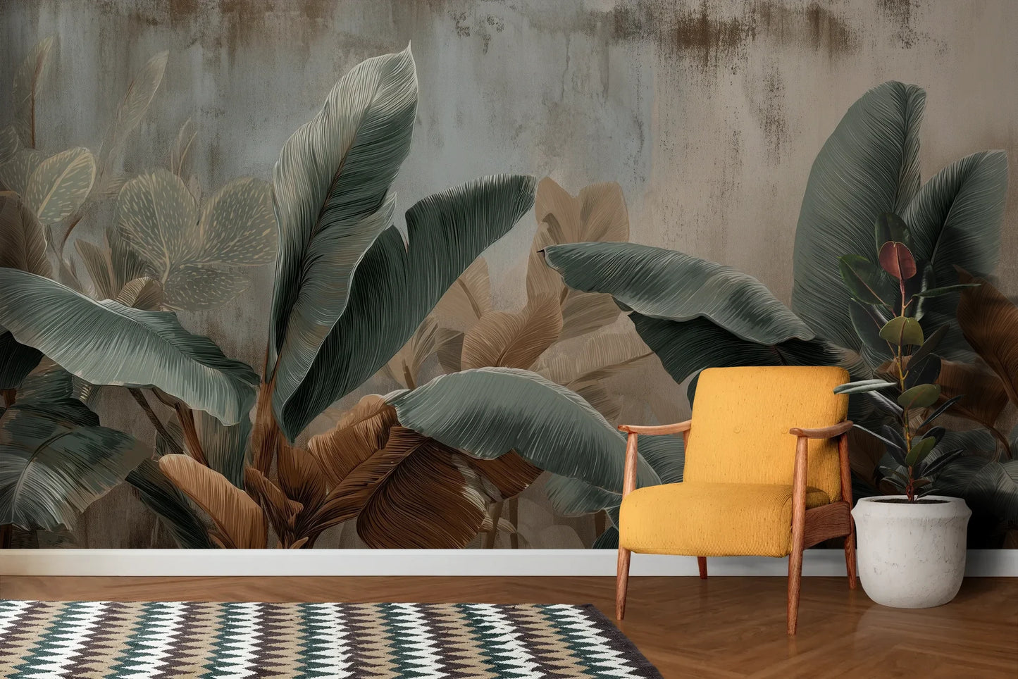 Wzór fototapety VINTAGE PALMS - tapeta z tropikalnymi liśćmi w sepii i zieleni pokazanej w aranżacji salonu.