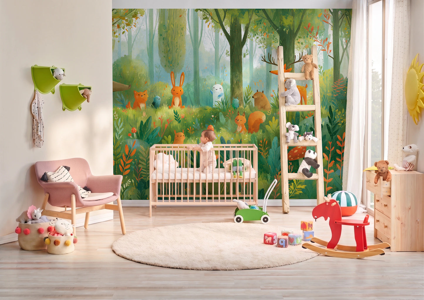 MOSSY GLADE - leśna polana ze zwierzętami w akwareli — BABY'S ROOM WITH A COT AND A BABY