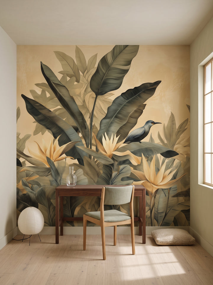 Fototapeta artystyczna o nazwie TROPIC MELODY w aranżacji wnętrza: gabinet w stylu japandi.