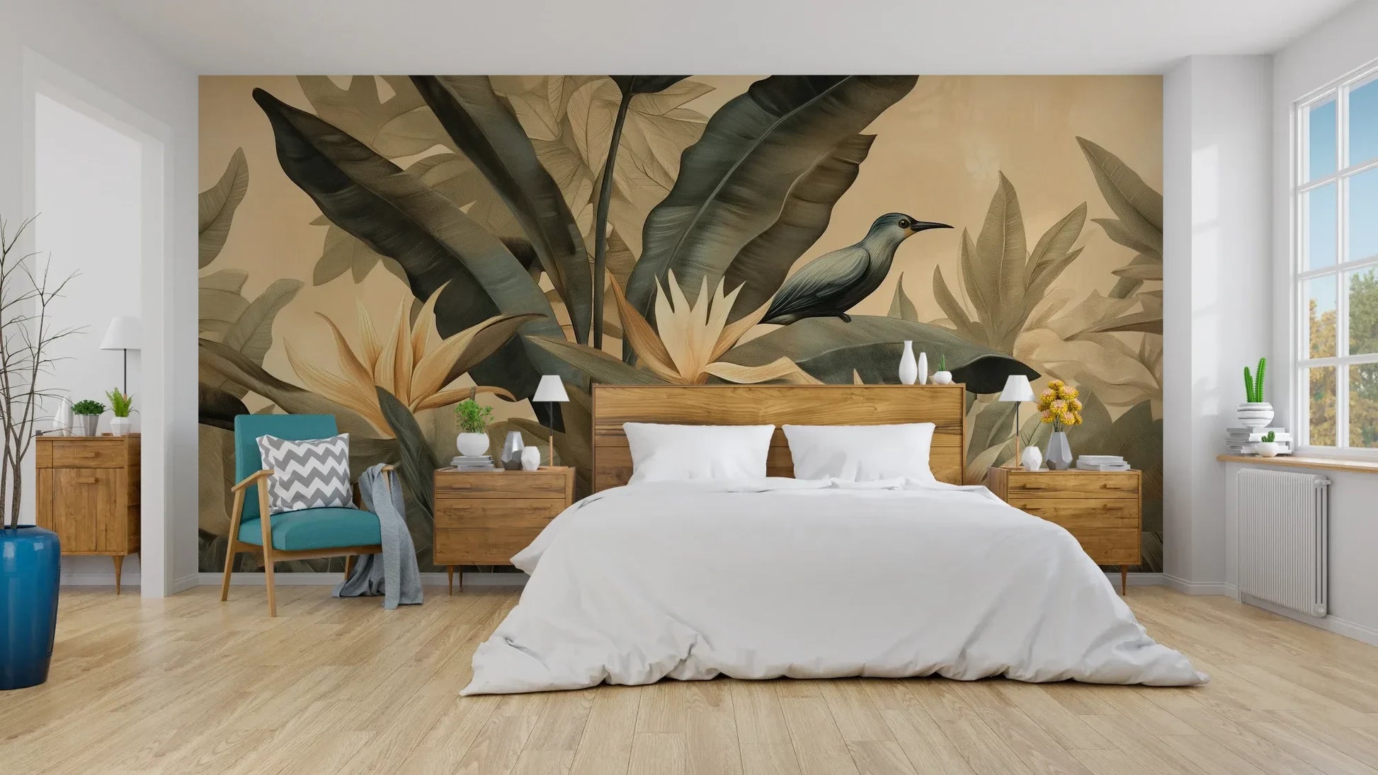 Wzór fototapety TROPIC MELODY - tapeta z rajskimi ptakami i kwiatami pokazanej w aranżacji sypialni.