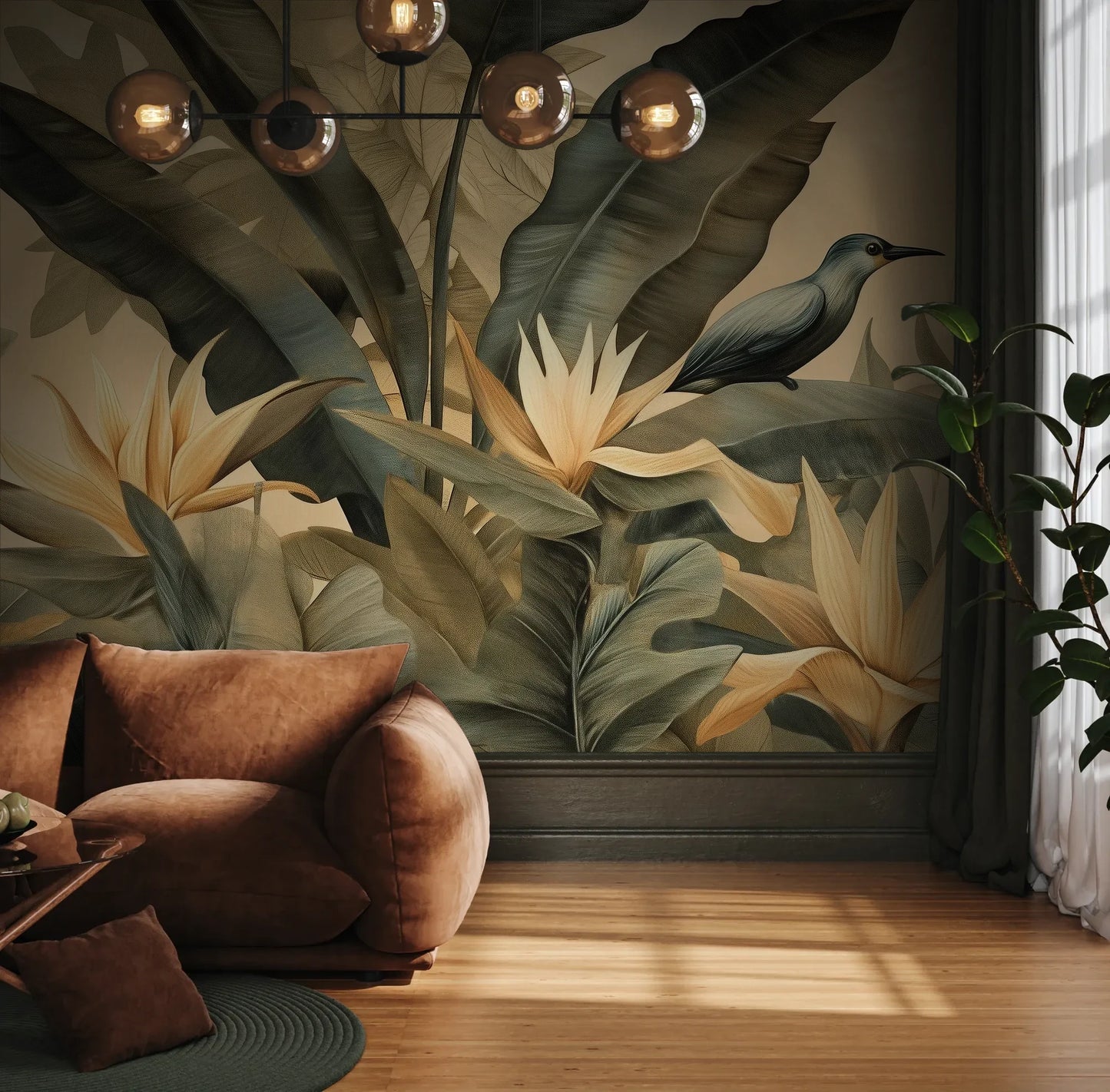 Fototapeta TROPIC MELODY - tapeta z rajskimi ptakami i kwiatami pokazana w aranżacji wnętrza z akcentem na ścianie.