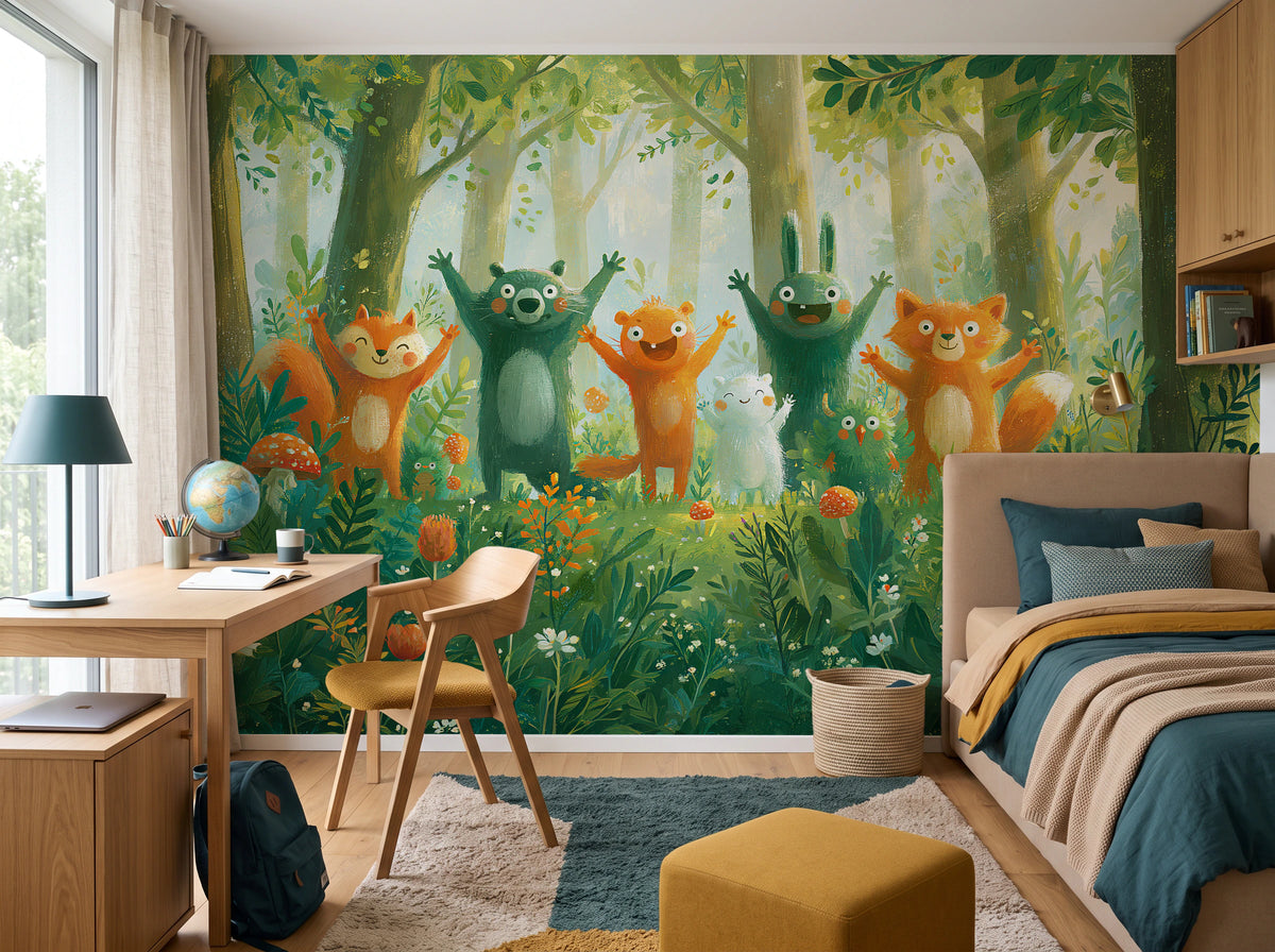 HAPPY CLEARING - tapeta z leśnymi zwierzętami na polanie — child's room