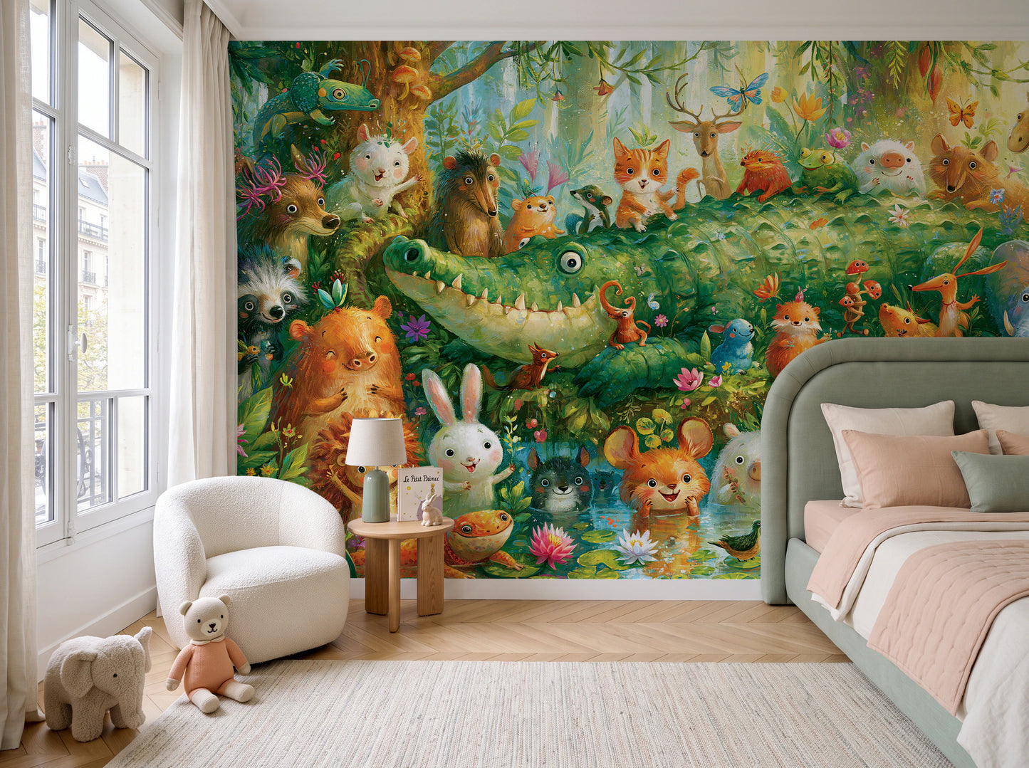 GREEN LAGOON PARADE - malarska tapeta z leśnymi zwierzętami — children's room with window