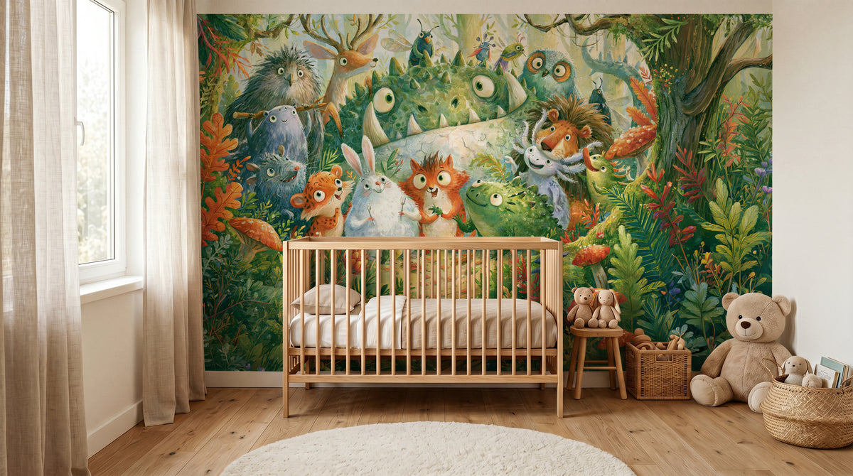 FERN TRAIL TROOP - tapeta z leśnymi zwierzętami — KIDS room - baby cot