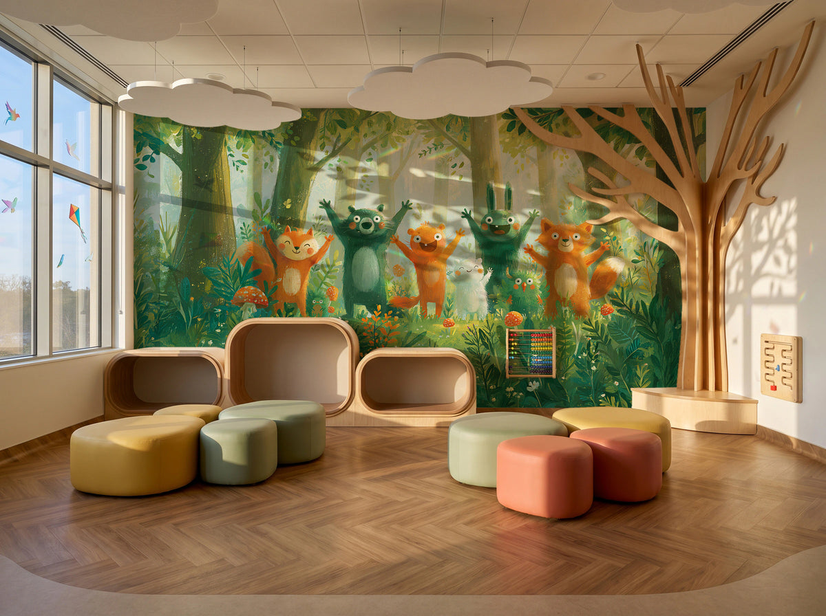 HAPPY CLEARING - tapeta z leśnymi zwierzętami na polanie — KIDS — Playroom 01