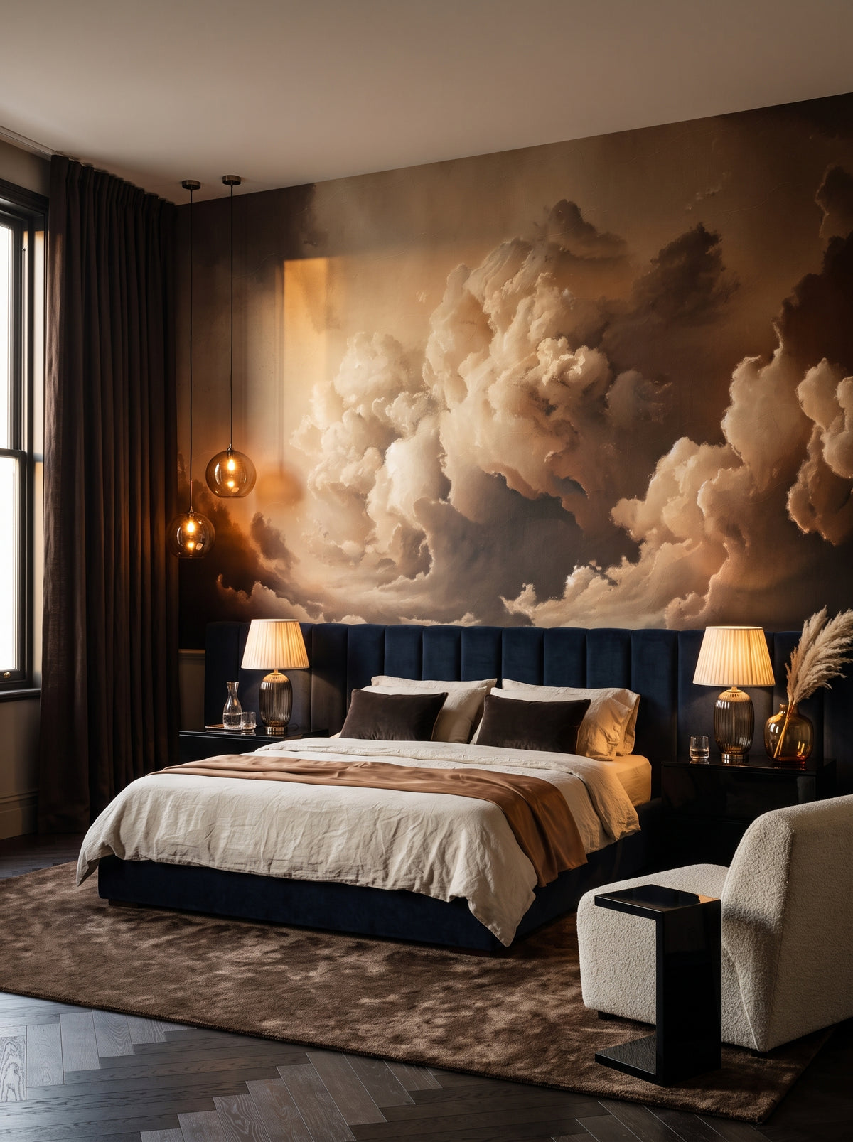 Artistic wall mural “Storm's Artistry” in an interior: bedroom in an intimate design hotel.