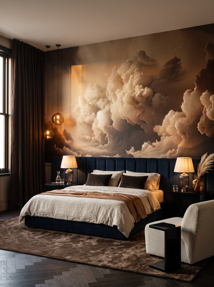 Fototapeta artystyczna o nazwie Storm's Artistry w aranżacji wnętrza: sypialnia w kameralnym hotelu designerskim.